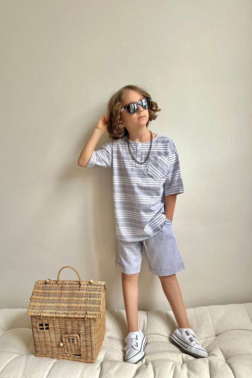 Miniğimin Cicileri Cep Detaylı Tişört Şortlu Keten Erkek Çocuk 2 li Takım - Gri