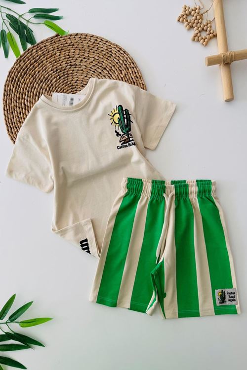 Miniğimin Cicileri Kaktüs Baskılı Çizgili Baskı Şortlu Erkek Çocuk Takım - Yeşil