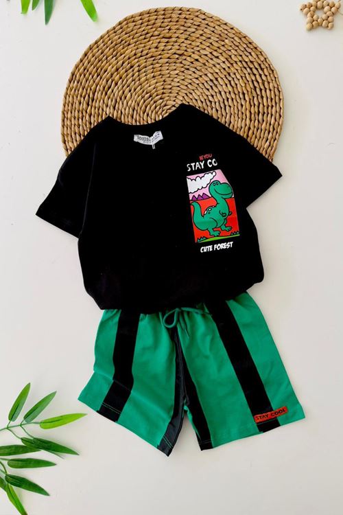 Miniğimin Cicileri Stay Cool Dinazor Baskılı Erkek Çocuk Şortlu Takım - Yeşil