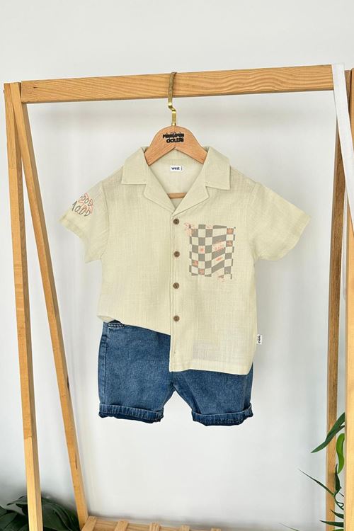 Miniğimin Cicileri Keten Palmiye Baskılı Kısa Kollu Erkek Çocuk Gömlekli Kot Şortlu Takım - Açık Yeşil