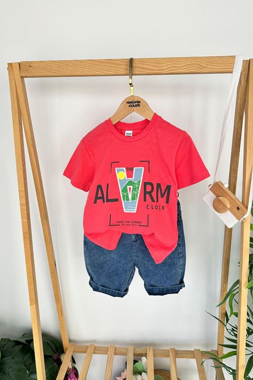 Miniğimin Cicileri Alarma Baskılı Penye Kot Şortlu Erkek Çocuk Takım - Fuşya