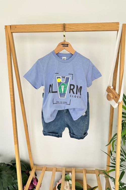 Miniğimin Cicileri Alarma Baskılı Penye Kot Şortlu Erkek Çocuk Takım - Mavi