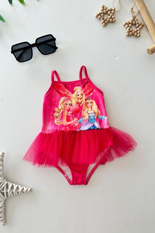 Miniğimin Cicileri Tüllü Brb Baskılı Kız Çocuk Mayo Bikini - Fuşya