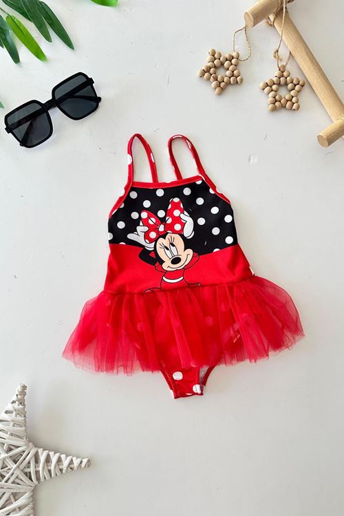 Miniğimin Cicileri Tüllü Mnn Ms Baskılı Kız Çocuk Mayo Bikini - Kırmızı