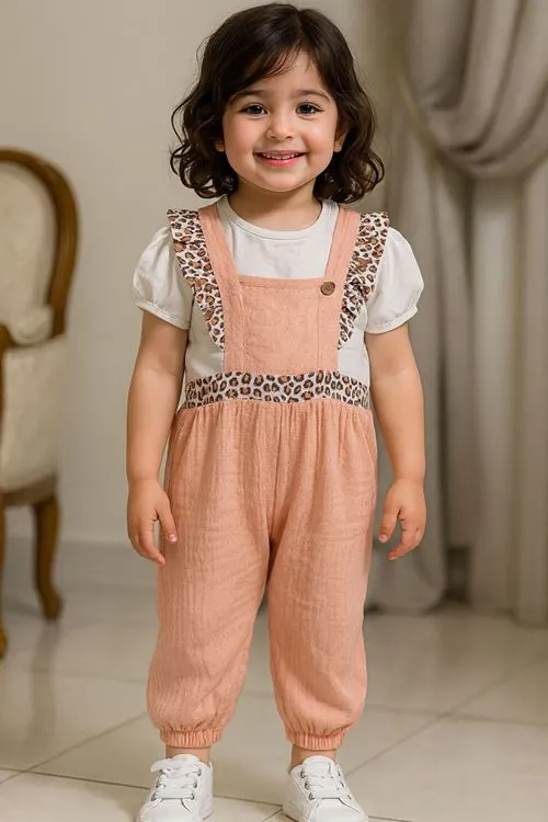 Miniğimin Cicileri Leopar Detaylı Çilek Düğmeli Kız Bebe Müslin Takım - Somon