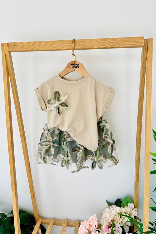 Miniğimin Cicileri Zambak Detaylı Tek Çiçekli Tül Etekli Kız Çocuk Takım - Yeşil