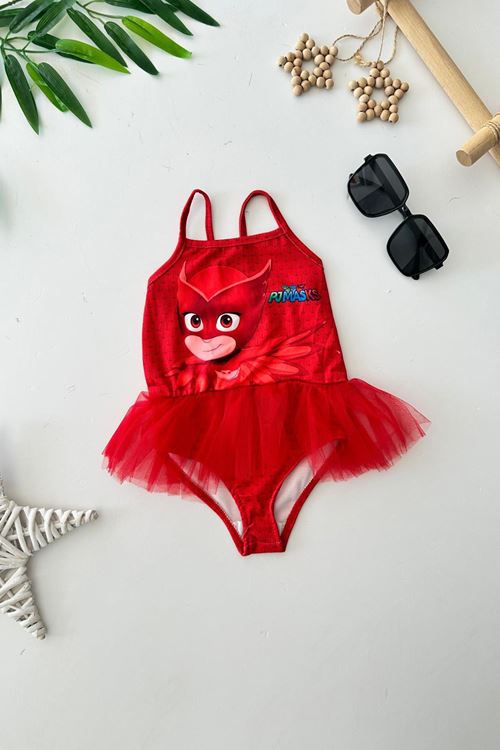 Miniğimin Cicileri Tüllü Pjmsk  Baskılı Kız Çocuk Mayo Bikini - Kırmızı
