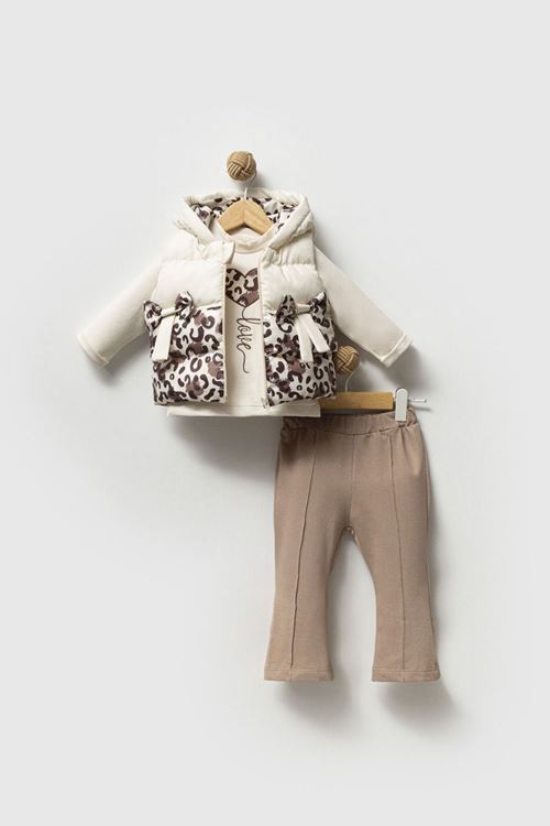 Miniğimin Cicileri Leopar Fiyonk Detaylı Şişme Yelekli Kız Bebe 3 lü Takım - Sütlü Kahve