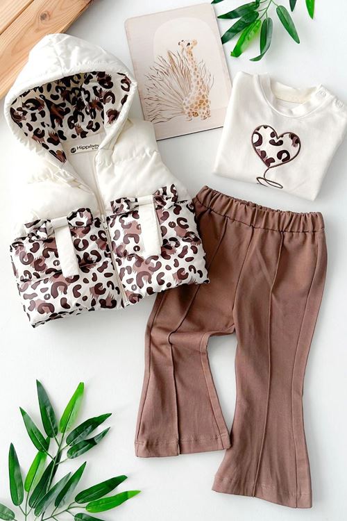 Miniğimin Cicileri Leopar Fiyonk Detaylı Şişme Yelekli Kız Bebe 3 lü Takım - Koyu Kahve