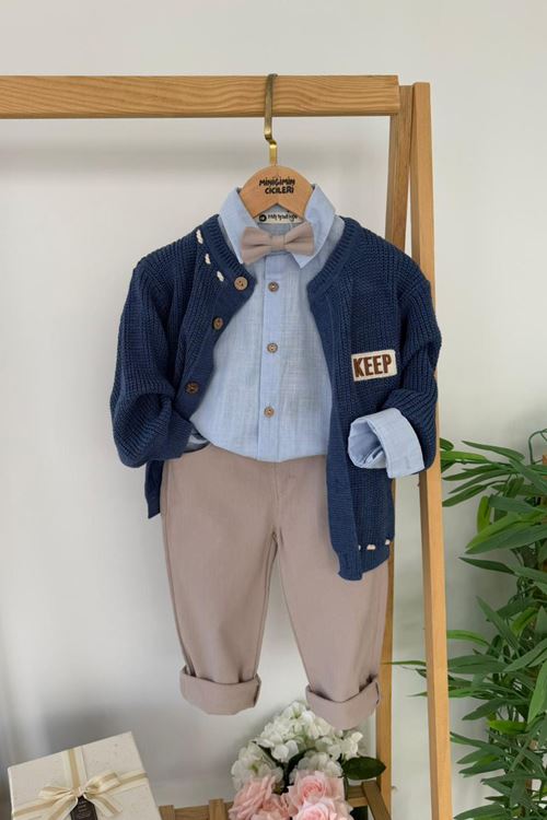 Miniğimin Cicileri Keep İşleme Triko Hırkalı Erkek Çocuk Papyonlu 4 lü Takım - indigo