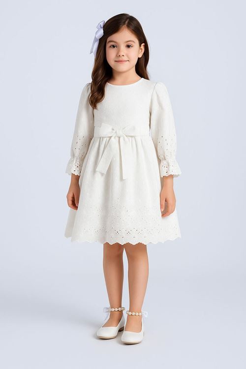 Miniğimin Cicileri Brode Çiçek Detaylı Kız Çocuk Elbise - Beyaz