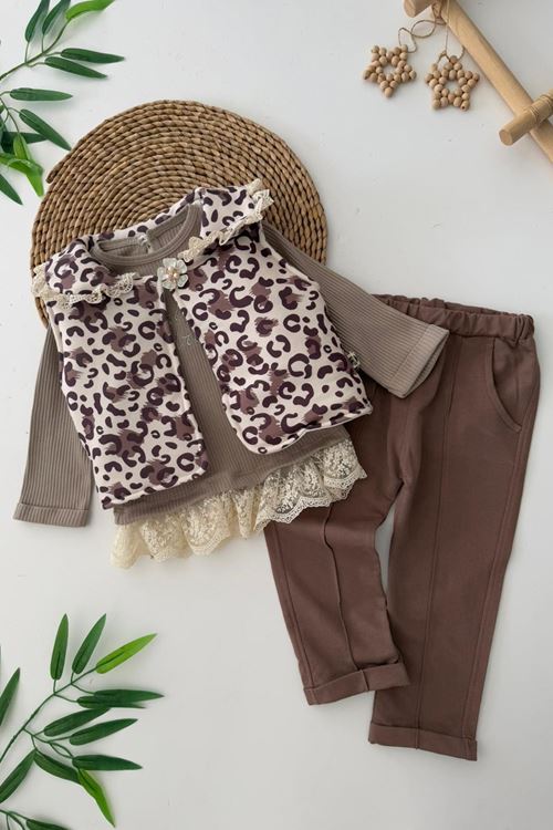 Miniğimin Cicileri Leopar Şişme Yelekli Güpür Detaylı Kız Bebe 3 lü Takım - Koyu Kahve