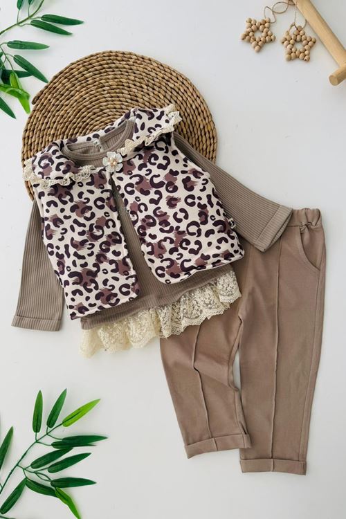 Miniğimin Cicileri Leopar Şişme Yelekli Güpür Detaylı Kız Bebe 3 lü Takım - Kahve Köpüğü