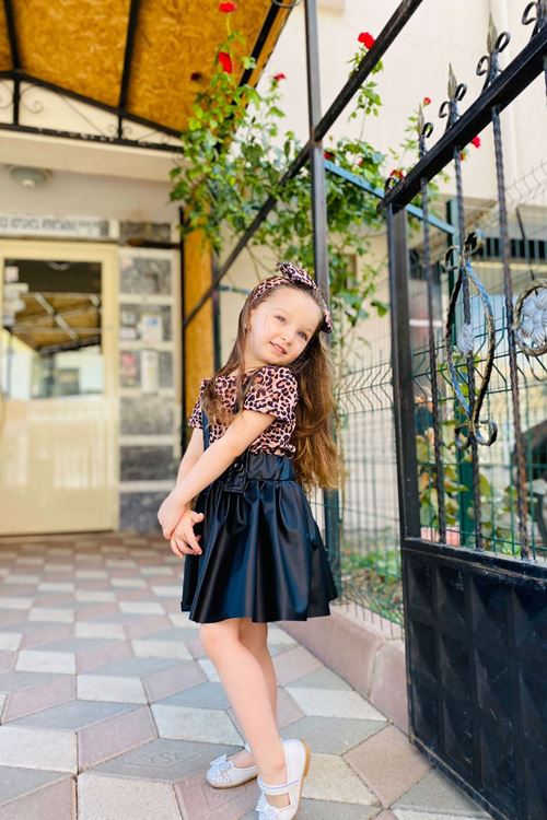 Minigimin Cicileri Leopar Deri Salopet Kısakol Takım - Siyah