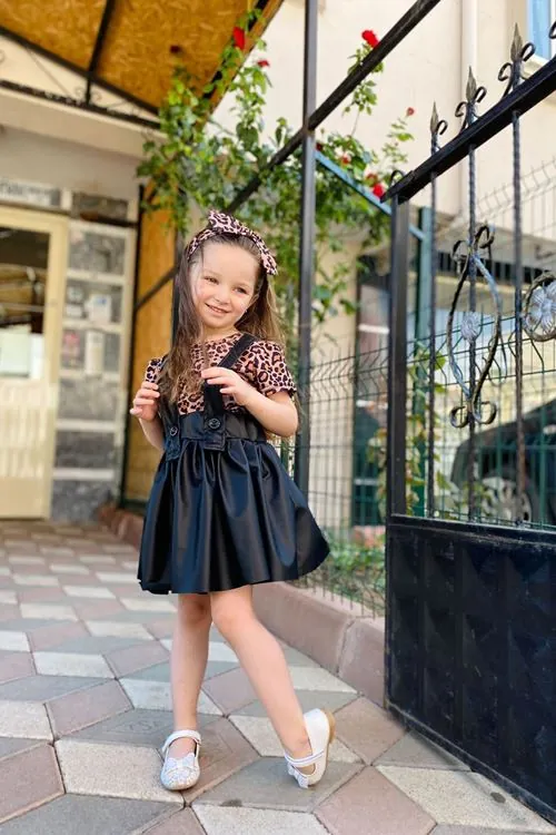 Minigimin Cicileri Leopar Deri Salopet Kısakol Takım - Siyah