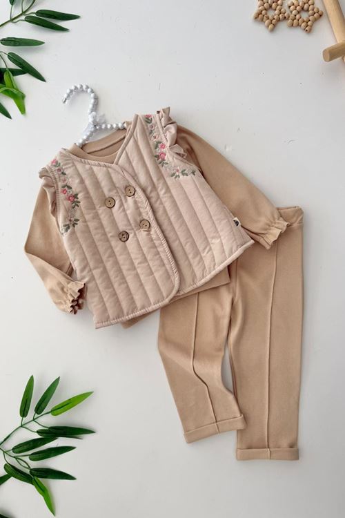 Miniğimin Cicileri (6-18 ay) Çiçek İşleme Yelekli Kız Bebe 3 lü Takım - Vizon