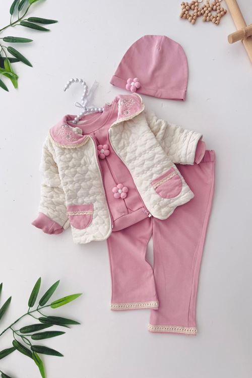Minigimin Cicileri Yaka Nakış Papatya Motif Desen 4 lü Kız Bebek Takım - Pembe