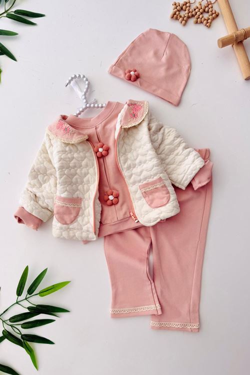 Minigimin Cicileri Yaka Nakış Papatya Motif Desen 4 lü Kız Bebek Takım - Somon