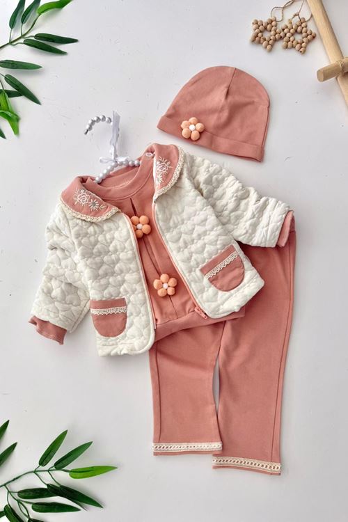 Minigimin Cicileri Yaka Nakış Papatya Motif Desen 4 lü Kız Bebek Takım - Taba