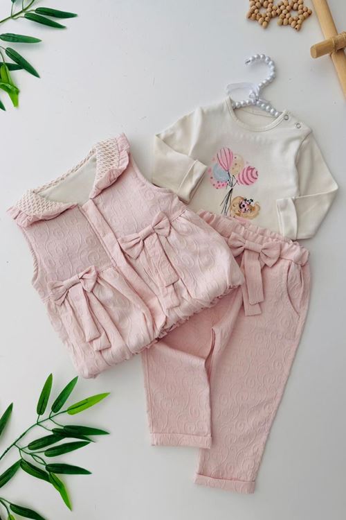 Miniğimin Cicileri Cepleri Fiyonk Detaylı Jakarlı Kız Bebe Şişme Yelekli Takım - Pudra