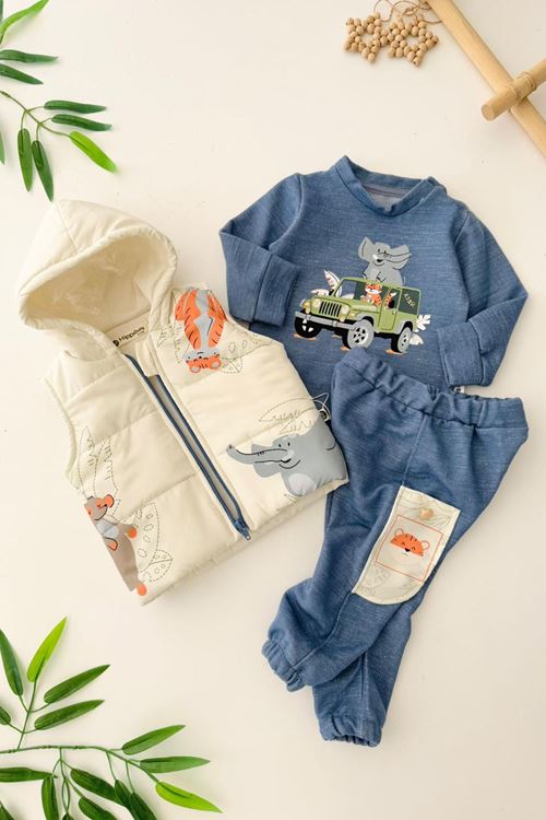 Miniğimin Cicileri Fil Baskılı Erkek Bebe Şişme Yelekli 3 lü Takım - Mavi