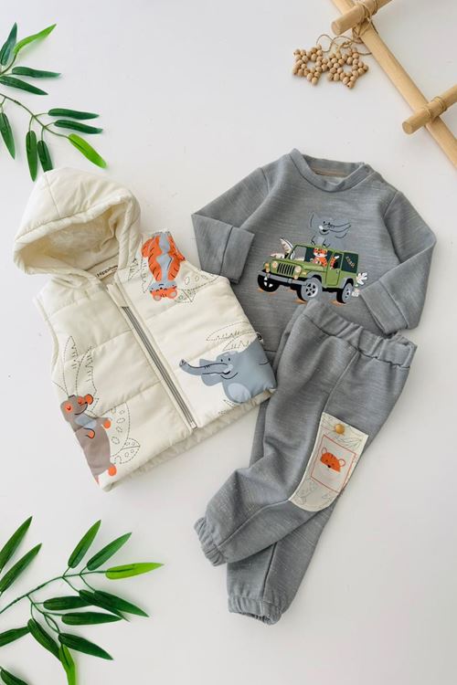 Miniğimin Cicileri Fil Baskılı Erkek Bebe Şişme Yelekli 3 lü Takım - Gri