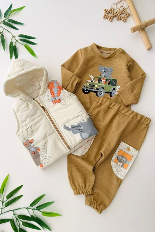 Miniğimin Cicileri Fil Baskılı Erkek Bebe Şişme Yelekli 3 lü Takım - Vizon