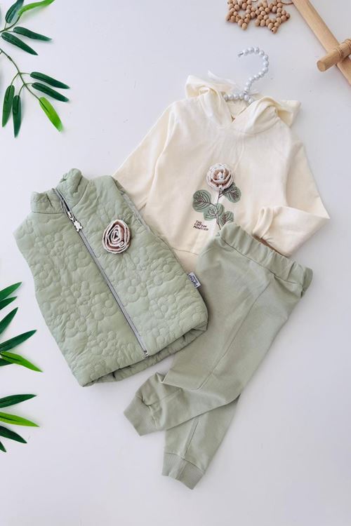 Miniğimin Cicileri Gül Detaylı Şişme Yelekli Kız Bebe 3 lü Takım - Yeşil