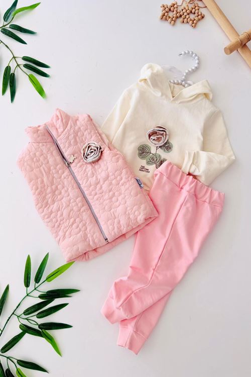 Miniğimin Cicileri Gül Detaylı Şişme Yelekli Kız Bebe 3 lü Takım - Pembe