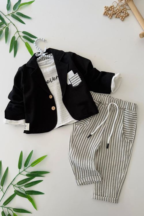 Miniğimin Cicileri Spor Müslin Düğmeli Ceketli 3 lü Takım - Siyah
