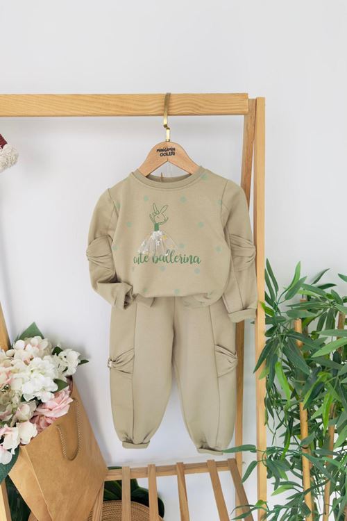 Miniğimin Cicileri Cute Balerina Desenki Fiyonk Detaylı Kız Çocuk 2 li Takım - Yeşil