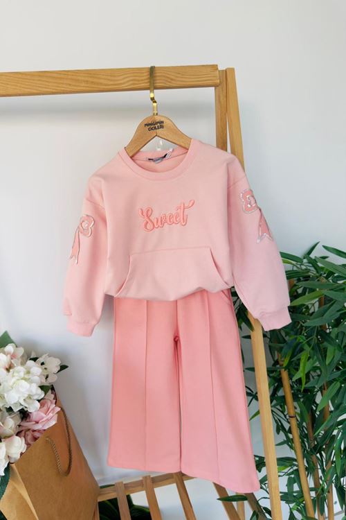 Miniğimin Cicileri Sweat İşlemeli Fiyonk Pul Detaylı İspanyol Kız Çocuk Takım - Somon