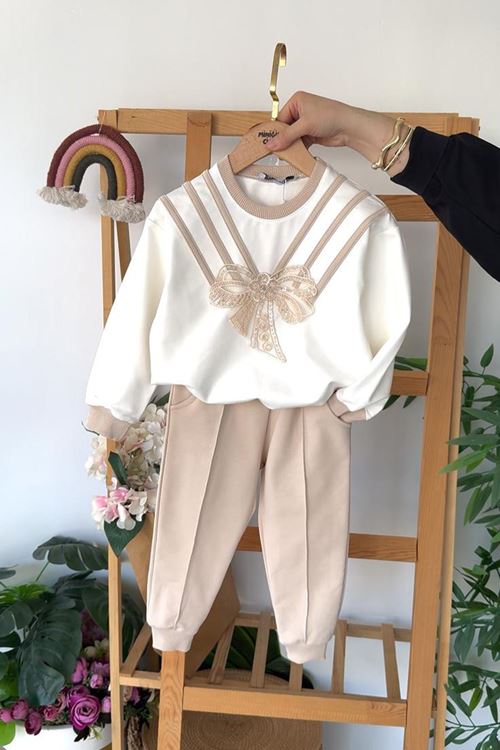 Miniğimin Cicileri Taşlı Fiyonk Detaylı Kız Çocuk 2’li Takım - Krem