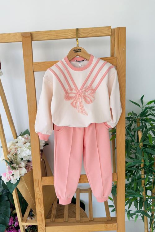 Miniğimin Cicileri Taşlı Fiyonk Detaylı Kız Çocuk 2’li Takım - Somon