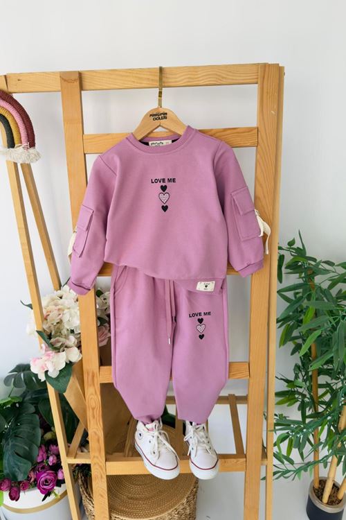 Miniğimin Cicileri Love Me Baskılı Kol Cep Detaylı Kız Çocuk 2 li Takım - Mor