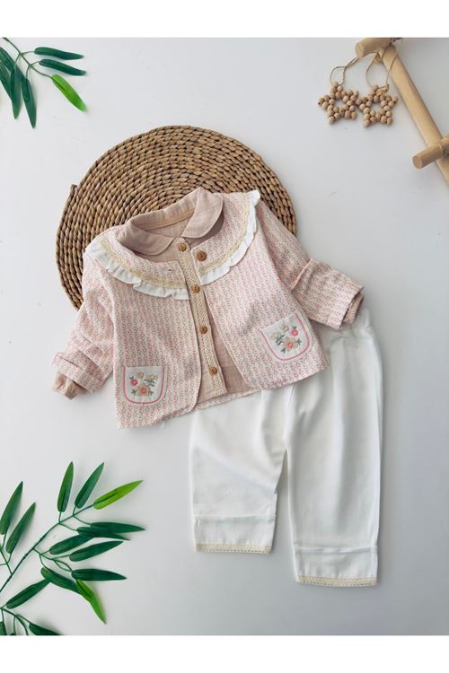 Miniğimin Cicileri Çiçek İşleme Detaylı 3 lü Kız Bebe Takım - Vizon