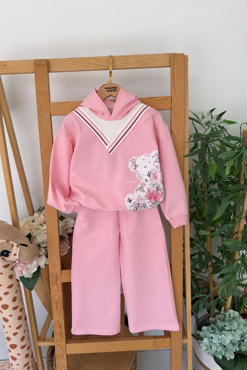 Miniğimin Cicileri Ayıcık Baskılı Kapüşonlu Kız Çocuk Takım - Pembe