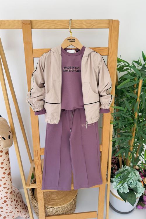 Miniğimin Cicileri Kapüşonlu Kol Taş İşleme Detaylı Kız Çocuk 3 Lü Eşofman Takım - Bej