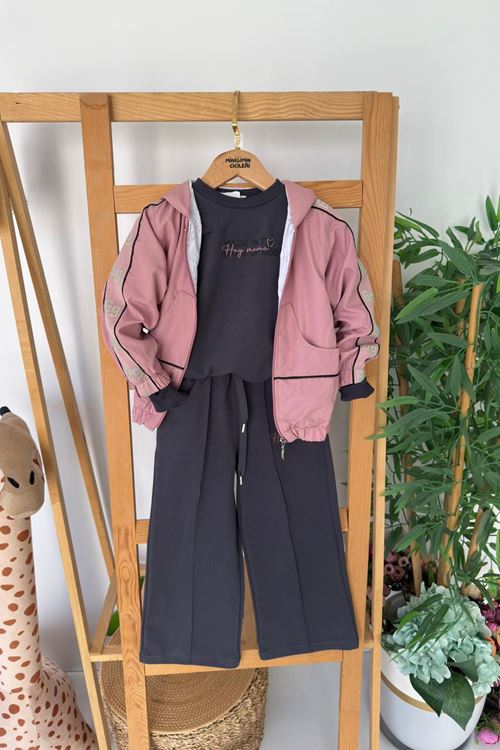 Miniğimin Cicileri Kapüşonlu Kol Taş İşleme Detaylı Kız Çocuk 3 Lü Eşofman Takım - Pembe