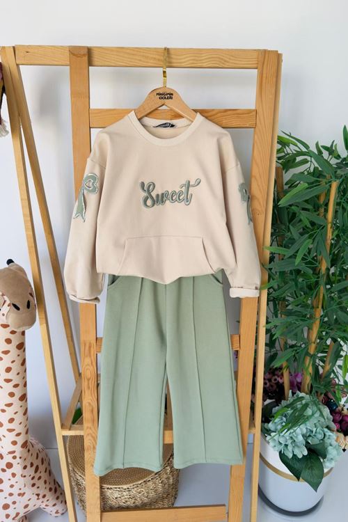 Miniğimin Cicileri Sweat İşlemeli Fiyonk Pul Detaylı İspanyol Kız Çocuk Takım - Koyu Yeşil