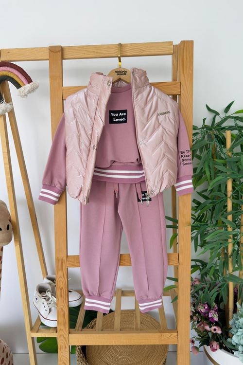 Miniğimin Cicileri Parlak Yelekli Kol Yazı Detaylı Kız Çocuk 3 lü Takım - Pembe