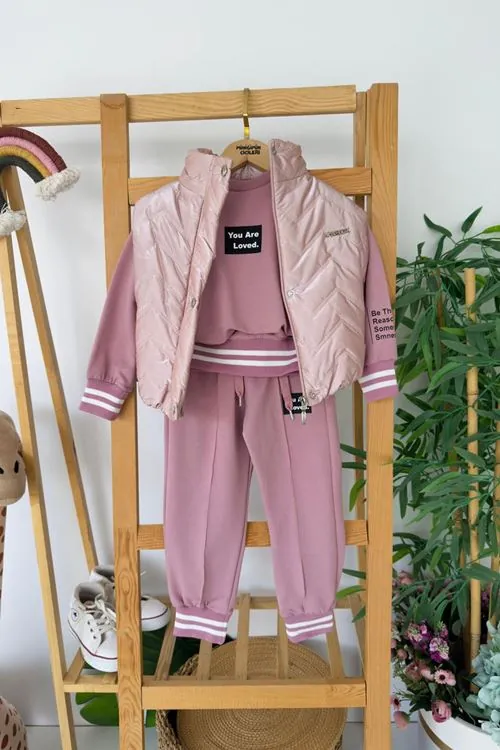 Miniğimin Cicileri Parlak Yelekli Kol Yazı Detaylı Kız Çocuk 3 lü Takım - Pembe
