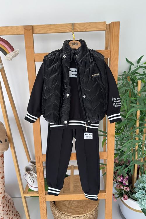 Miniğimin Cicileri Parlak Yelekli Kol Yazı Detaylı Kız Çocuk 3 lü Takım - Siyah