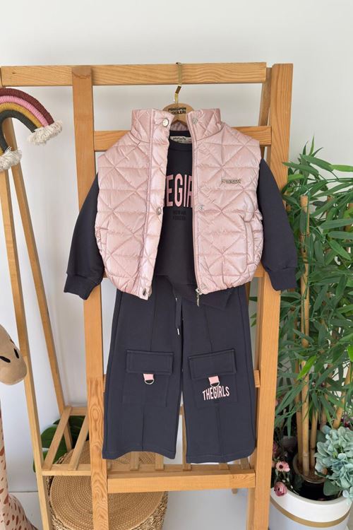 Miniğimin Cicileri Hologram Yelekli The Girls Baskılı 3 lü Kargo Cepli Takım - Pembe