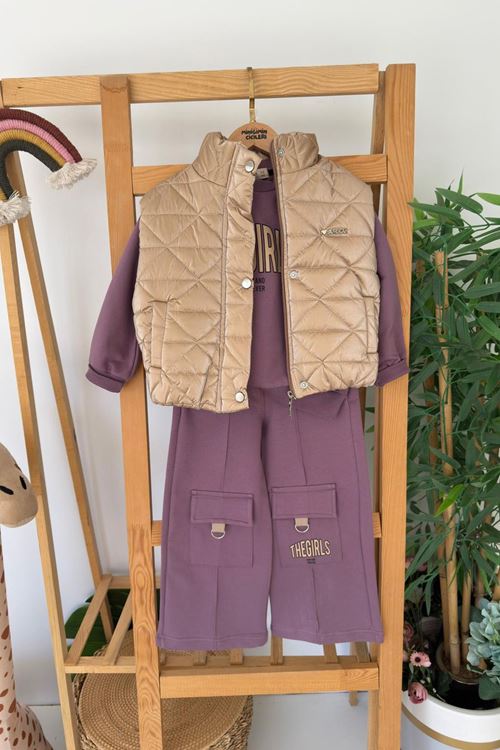 Miniğimin Cicileri Hologram Yelekli The Girls Baskılı 3 lü Kargo Cepli Takım - Mor