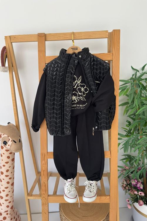 Miniğimin Cicileri Çiçek Baskılı Desenli Yelekli Kız Çocuk 3 lü Takım - Siyah