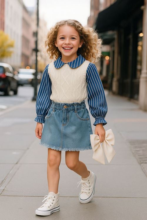 Miniğimin Cicileri Triko Süeter Detaylı Kot Etekli Kız Çocuk 2 li Takım - Mavi