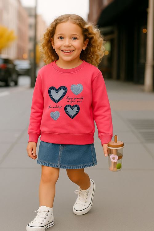 Miniğimin Cicileri Kalp Desenli Kız Çocuk Sweat - Koyu Pembe