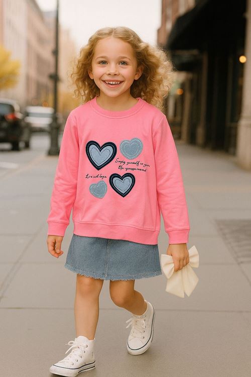 Miniğimin Cicileri Kalp Desenli Kız Çocuk Sweat - Açık Pembe