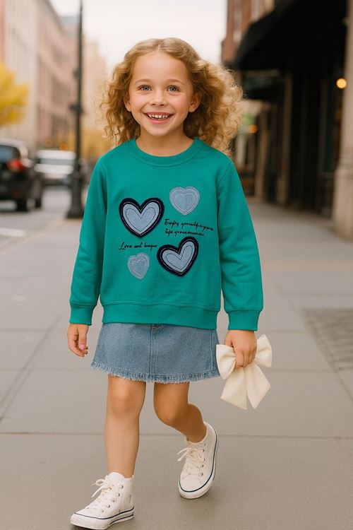 Miniğimin Cicileri Kalp Desenli Kız Çocuk Sweat - Yeşil